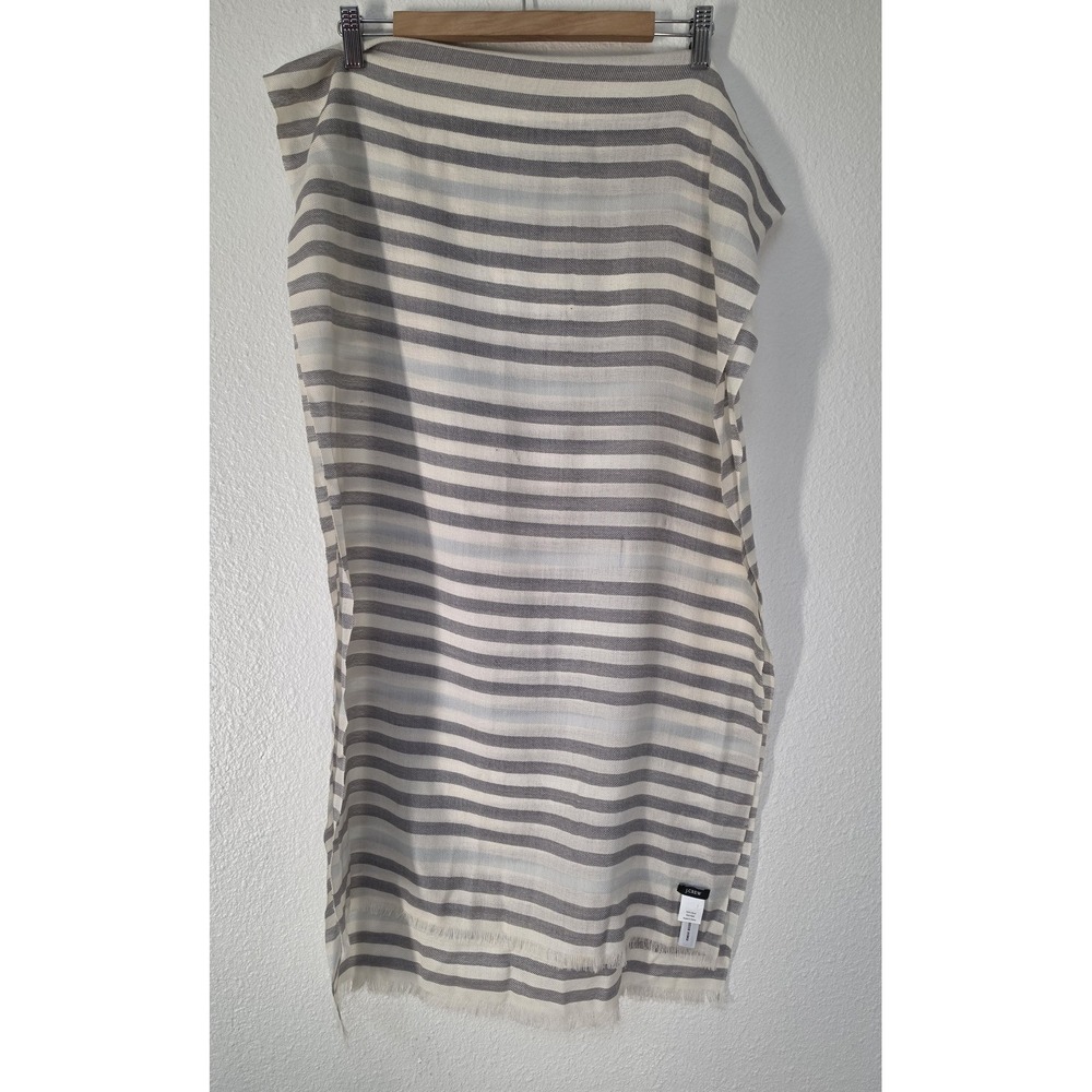 J.Crew Wool Scarf Grey White Striped Rectangle Wrap Shawl Stole Classic